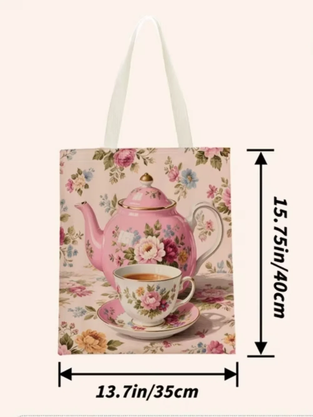 Floral Pink Teapot & Teacup Canvas Tote Bag - Elegant Tea Time Design